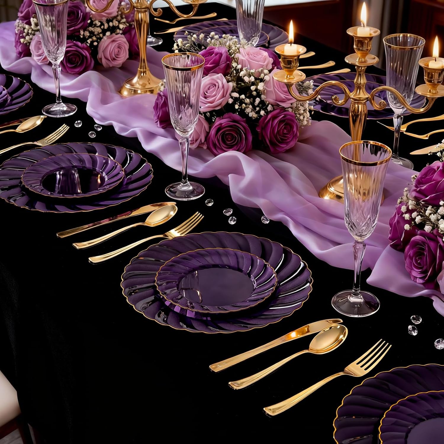 YOUBET 125PCS Purple Plastic Dinnerware Set - Gold and Clear Purple Disposable Plates Include 50 Plastic Plates 75 Silverwares for Wedding Birthday Parties & Party